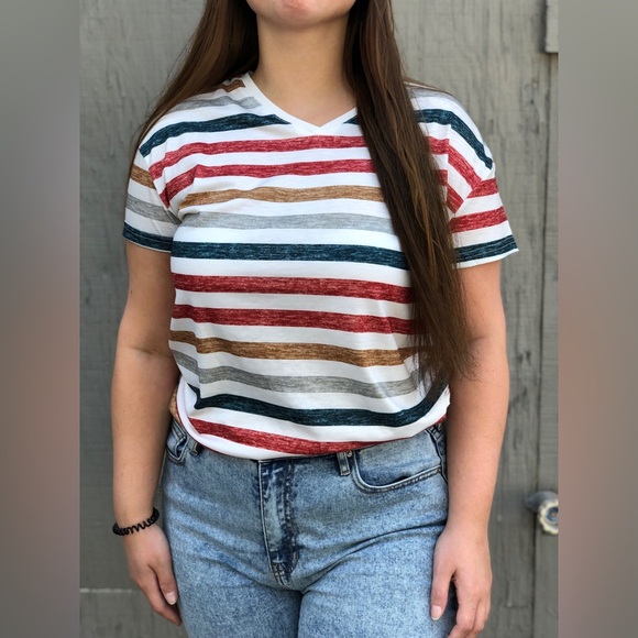 Multi Color V Neck Stripe Top - Picture 1 of 2